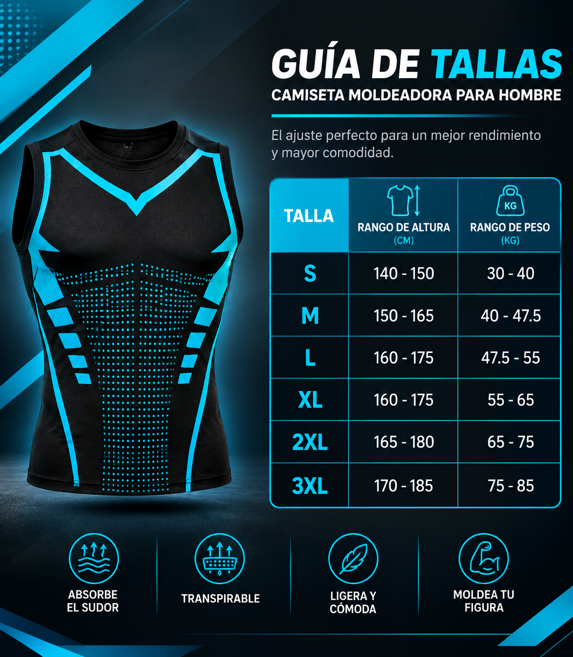 Guía de tallas camiseta moldeadora TorsoFit
